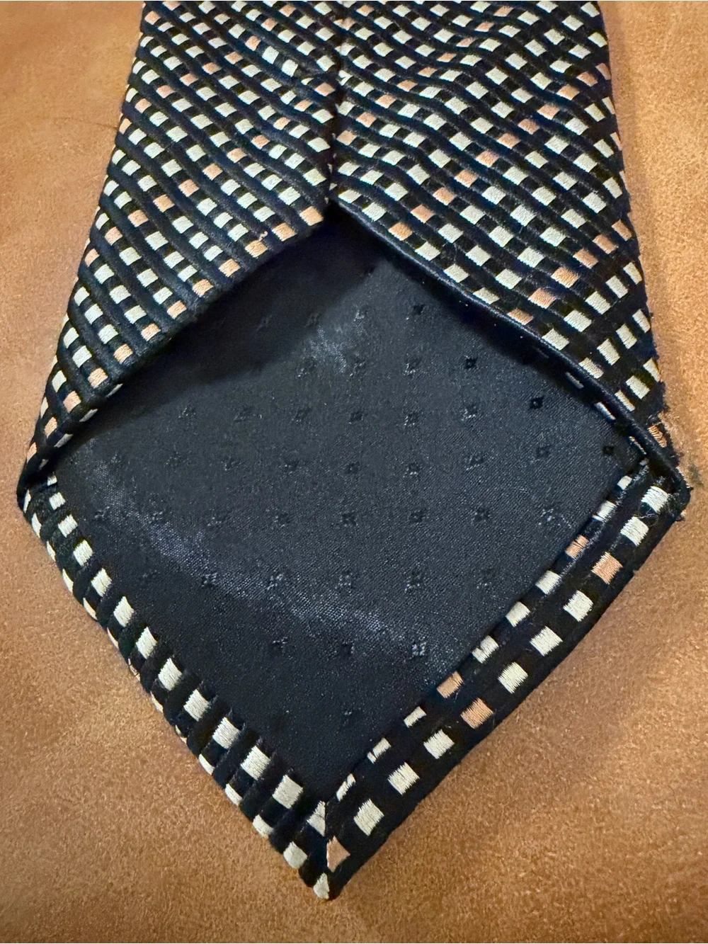 Valerio Garati Pure Silk Handmade Tie in Black, Cream & Tan Grid Pattern